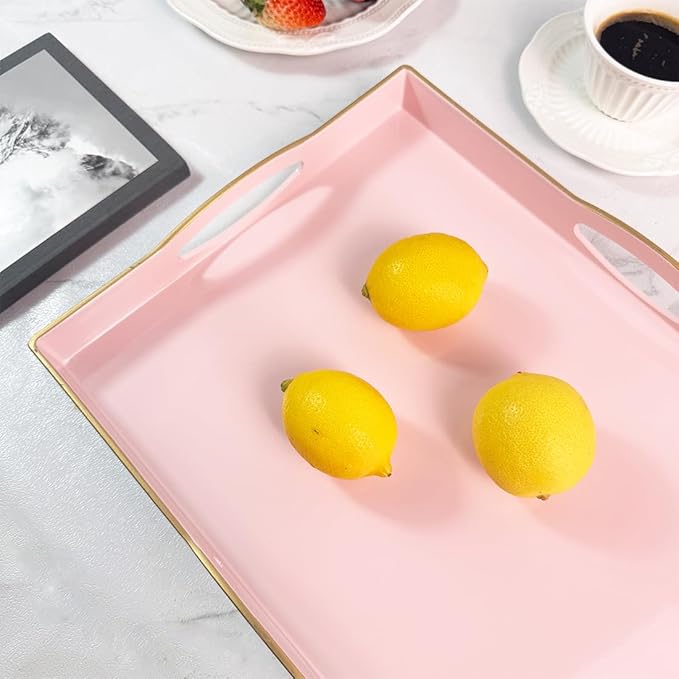 Pink Serving Tray with 4 Handles, Plastic Decorative Tray for Coffee Table, Ottoman - Ideal for Living Room & Bathroom. 15” x 11” x 1.9”