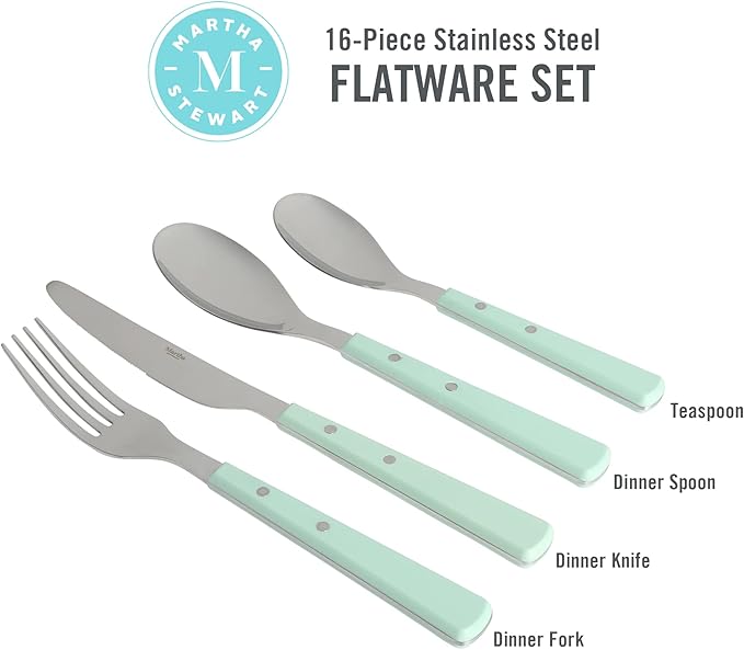 Martha Stewart Watercliffe 16 pc Flatware Silverware Set - Stainless Steel Utensils - Forks, Spoons, Knives - Martha Blue
