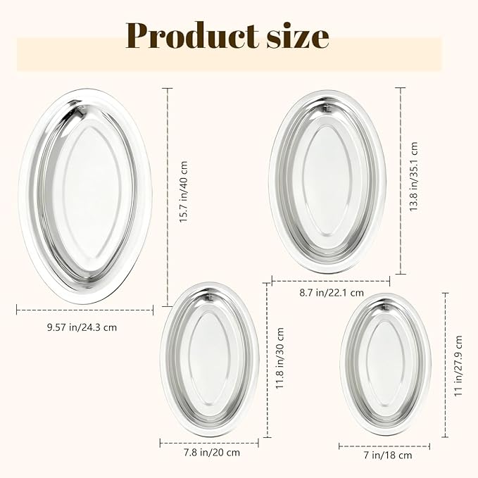 4 Pcs Stainless Steel Serving Tray Large Oval Platter Set,Stainless Steel Platter Heavy Duty Mirror Polish Oval Sizzle Platters Plate for All Dining Occasions,Kitchen,11.0",11.8",13.8",15.7"