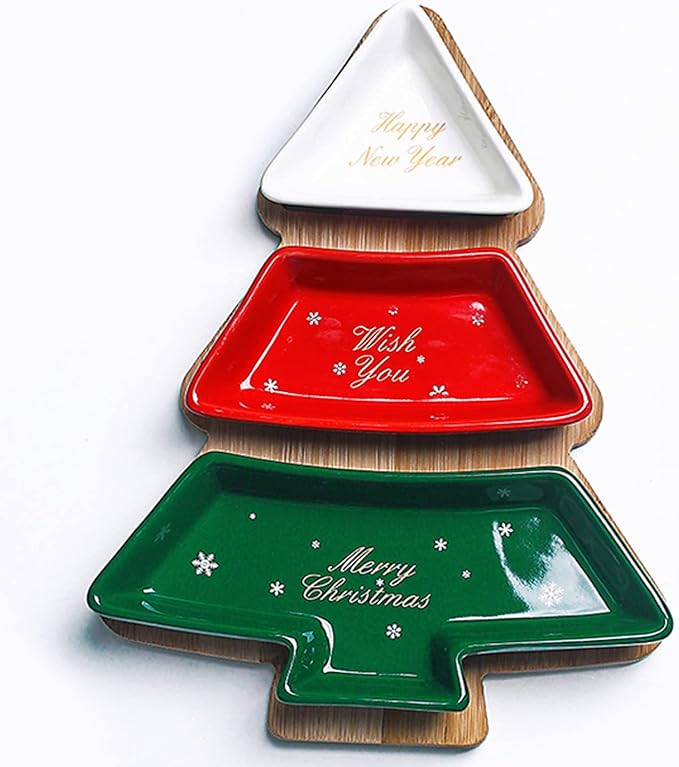 Colorful 10.8 Inches Snack Appetizer Trays Set, Christmas Tree Dessert Serving Dishes, Snack Platter, 3 pcs Removable Porcelain Plates with Bamboo Tree Tray