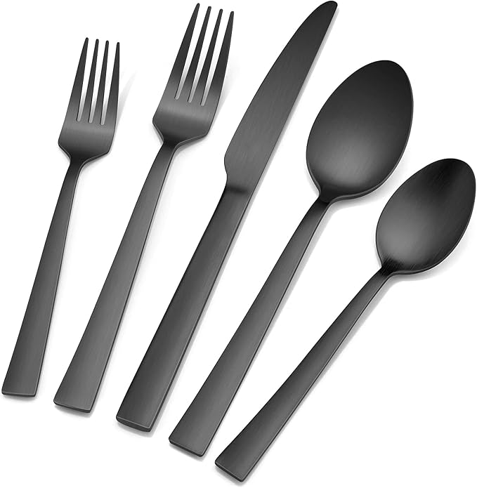 60-Piece Matte Black Silverware Set, E-far Stainless Steel Flatware Set Service for 12, Metal Cutlery Eating Utensils Tableware Includes Forks/Spoons/Knives, Square Edge