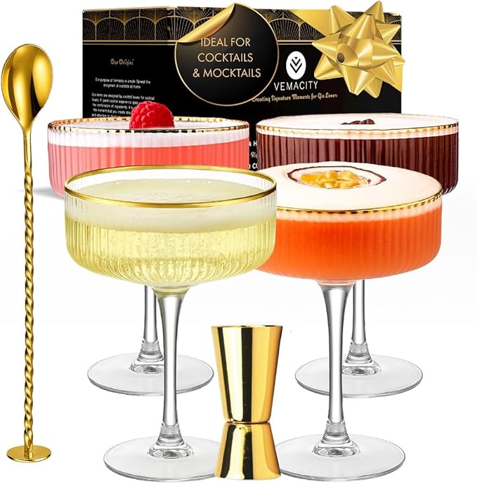 VEMACITY - Ribbed Espresso Martini Glasses Set of 4 with Gold Rims - Vintage Cocktail Glasses for Margaritas, Champagne and More - Includes Jigger & Bar Spoon | Ideal for Martinis and Cocktails