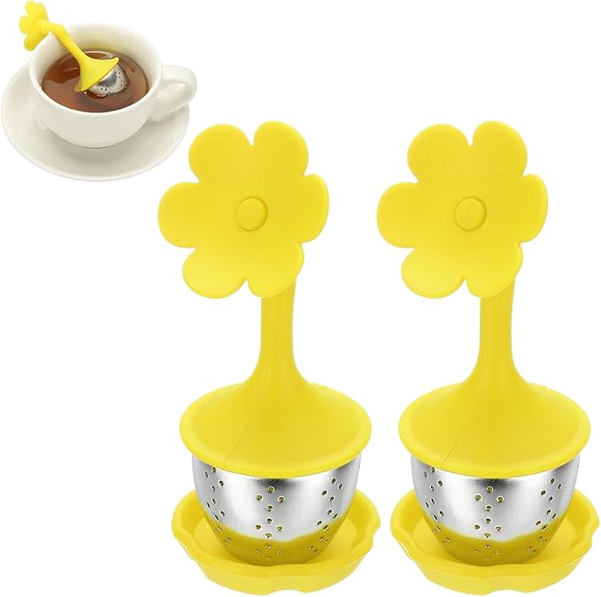 uxcell 2 Pcs Flower Tea Infuser, Stainless Steel Loose Leaf Tea Steeper Filter with Silicone Handle Reusable Coarse Pores Mesh Strainer Diffuser for Teacups Teapots Mugs, Yellow