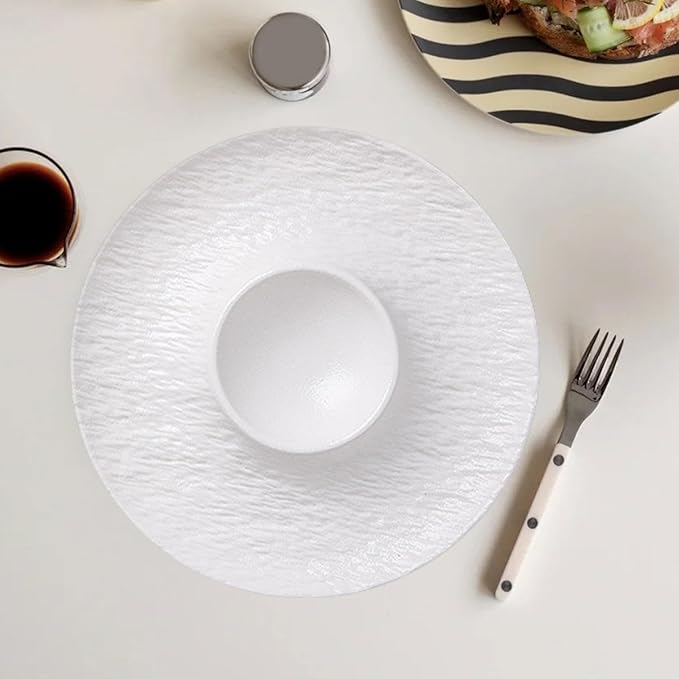 Ceramic Divided Snack Plate with Dipping Saucer, Serving Platter for Dumplings, Fried Chicken, Appetizers, Tacos- White