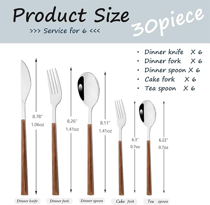 30pcs Wood Handle Flatware Set, Stainless Steel Cutlery Set Include Knife/Fork/Spoons, Mirror Polish, Service for 6 (Brown Silver)