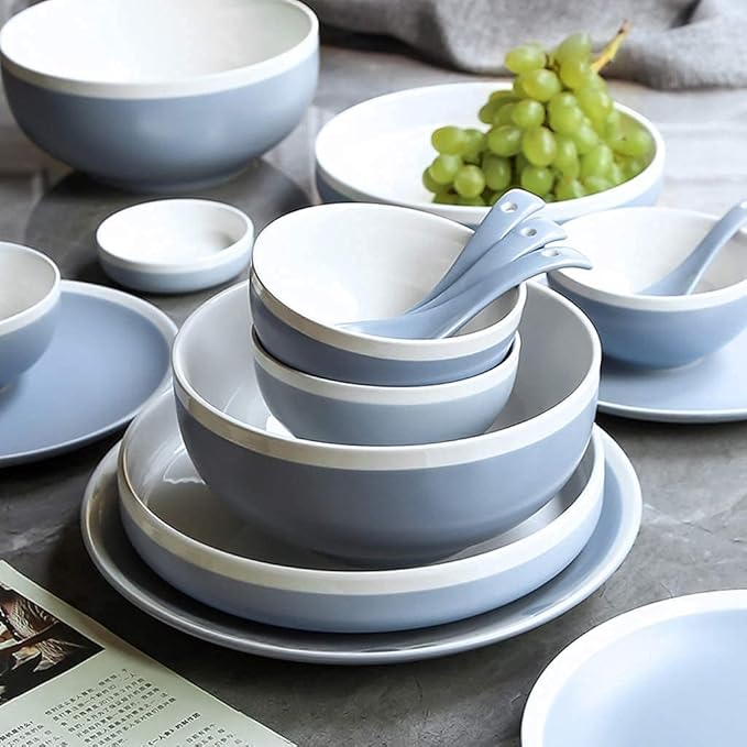 Elegant China Dinnerware Set,Dinner Plate Ceramics Dinner Sets, 38 Pieces Matte Blue and White Border Porcelain Combination Set Bowl Dish Mug | Nordic Style Hotel Dinnerw