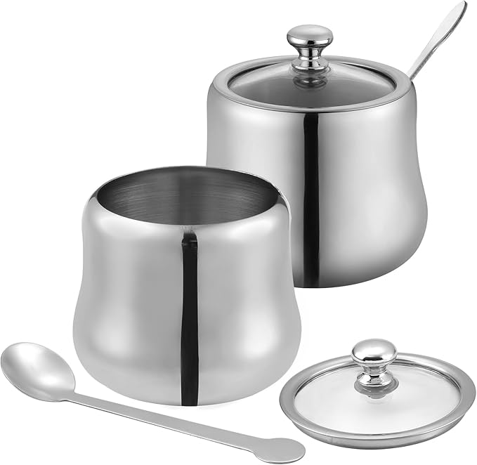 2 pack 12oz Stainless Steel Sugar Bowl Decorative Silver Ghee Container with Spoon and Glass Lid Small Spice Jars for Seasonings Condiment Pot for Kitchen Coffee Table