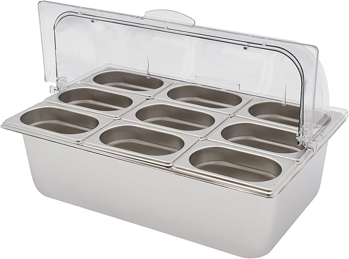 9 Pans Countertop Food Serving Display Container, Stainless Steel Flip-Top Fruit Tray with Clear Roll Top Cover, Buffet Chilled Condiment Container for Restaurant Hotel Kitchen