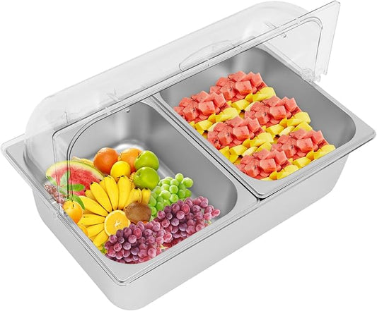2 Pans Ice Food Serving Display Container w/Clear Roll Top Cover, Stainless Steel Serving Tray Catering Supplies Buffet Display Condiment Dispenser Plate Case for Restaurant Hotel Kitchen