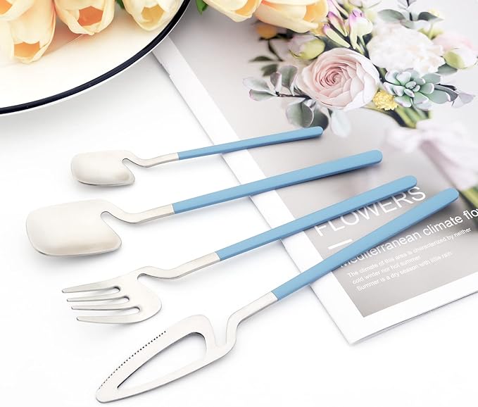8 Pcs 304 Stainless Steel Flatware Set For 2 People, Matte Creative Hanging Cutlery With Bright Blue Handles, Daily Use For Picnic Travel Hiking Couples And Friends (Blue Silver)