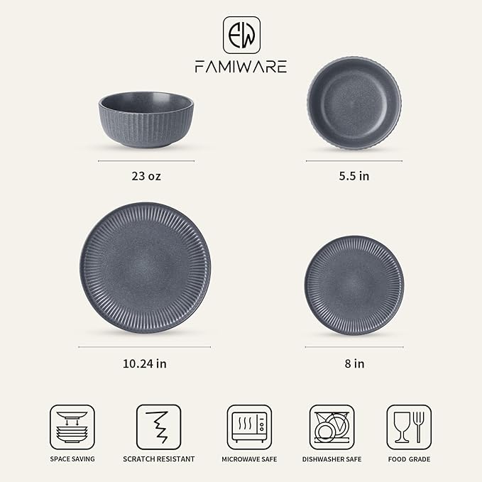 Famiware Starlight Plates and Bowls Dishes Set of 8 (24 Pieces), Ribbed Textured Stoneware Dinnerware Sets- Dishwasher & Microwave Safe, Chip Resistant, Matte Midnight Grey