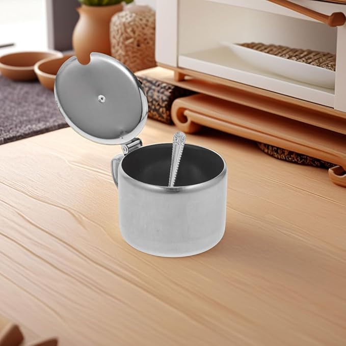 BESTonZON 3 Set Condiment Jars With Lid Spoon 3. 9" Metal Sugar Bowls Stainless Steel Pepper Container Salt Pot Seasoning Bottle For Kitchen Counter