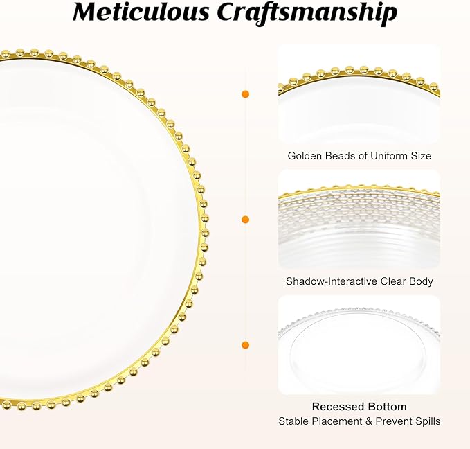 25 Pcs Clear Acrylic Round Charger Plates with Gold Trim Plastic Charger Plate Bulk for Dinner Table Plate for Parties Wedding Décor Placemats,13 Inch (25pcs-Gold-1)