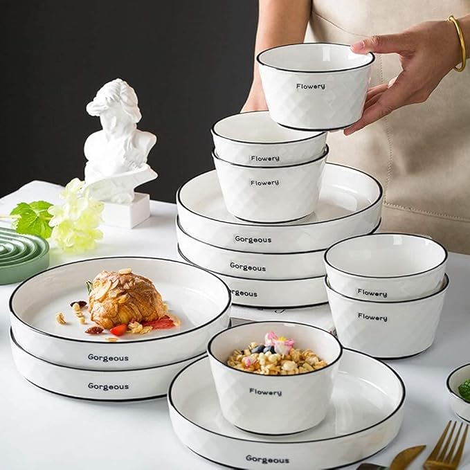 60 Pieces White Dinnerware Set Dishes - Dinner Plates and Bowls Sets Service for 12, Luxury Ceramic Dishes Set, Nordic Style Black Line Diamond Pattern, for Family Friend (White 60 Pcs)