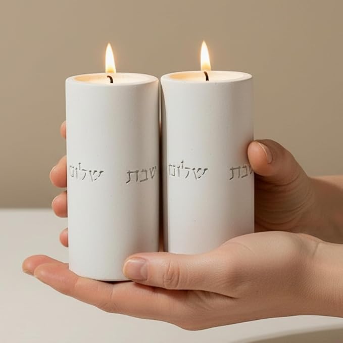 SURI Shabbat Candle Holders Set – Modern Judaica Gift and Jewish Holidays – Concrete Dripless Candle Holders, Short & Tall – Minimalist Jewish Home Decor Shabbos Candles Holders for Tea Lights