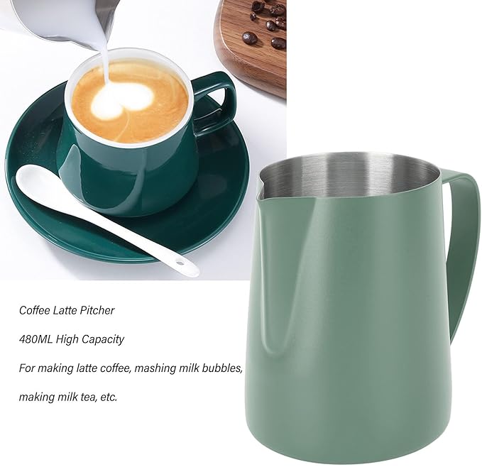 Milk Frothing Pitcher, 480ml 16oz Stainless Steel Steaming Pitcher Milk Frother Cup with Scale and Pointed Mouth for Espresso Cappuccino Latte Coffee Art, 4.4 x 3.5in (Green)