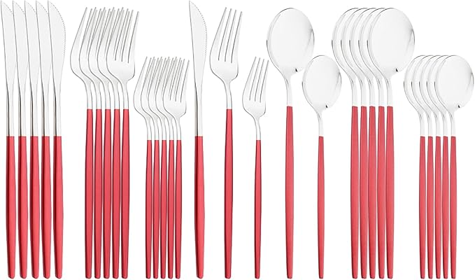 30-Piece Snplowum Mirror Flatware Serving Set, 18/0 Stainless Steel Dinnerware With Red Handle, Modern Durable Home Kitchen Eating Tableware Set Service For 6 (Red Silver)