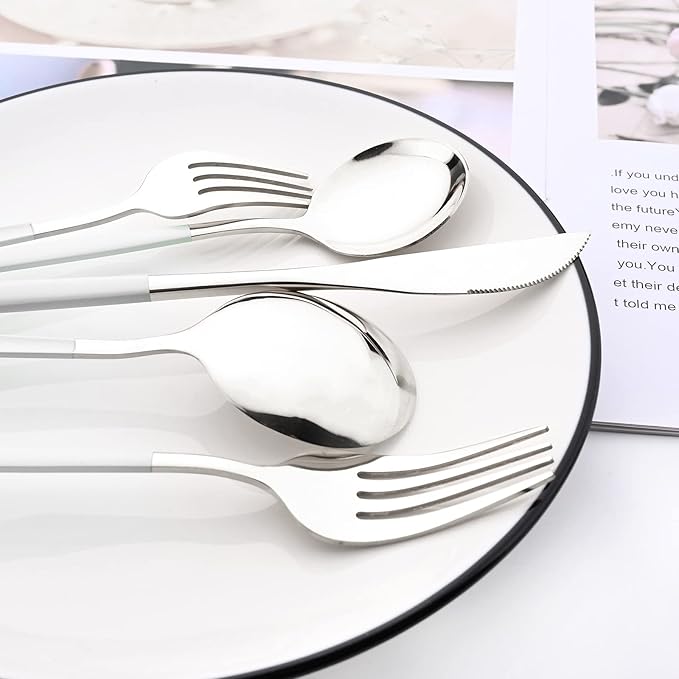 30-Piece Snplowum Mirror Flatware Serving Set, 18/0 Stainless Steel Dinnerware With White Handle, Modern Durable Home Kitchen Eating Tableware Set Service For 6 (White Silver)