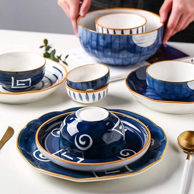 ☆Porcelain Dinnerware Set, 28 Pieces Japanese Style Ceramics Dinner Sets | Plate/Bowl - Tableware Combination Set for Restaurant,Blue,White(Blue), Size