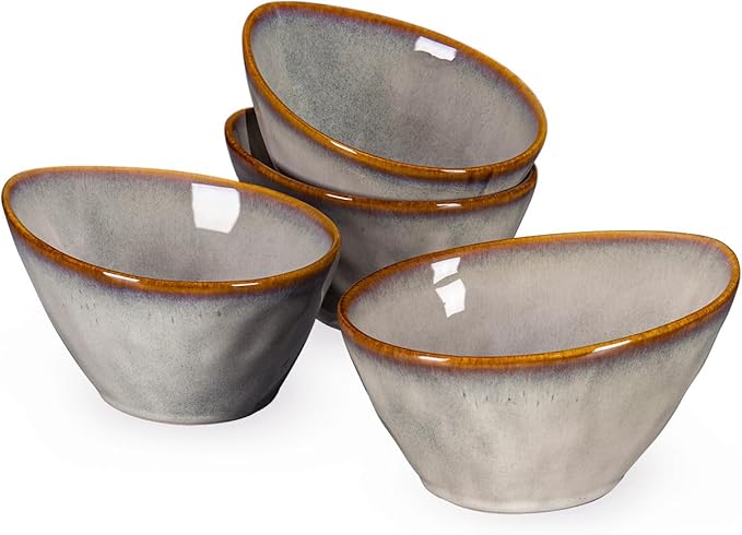 Henten Home Ceramic 20 oz Salad Bowls Set, Slanted Snack Bowl Set of 4, Porcelain Serving Bowls for Soup, Dessert, Microwave & Dishwasher Safe, Reactive Glaze (White)