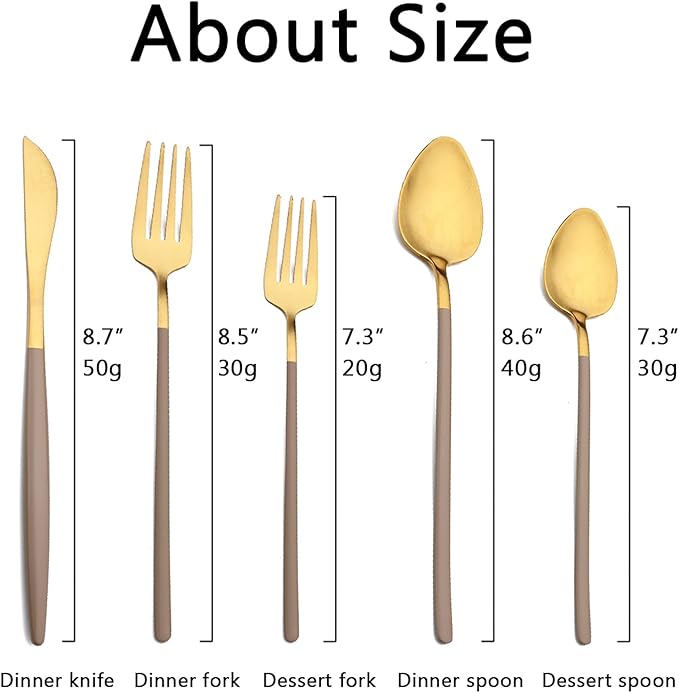 JASHII Slim Handle Silverware Set 20 Pieces, 304 Stainless Steel Colorful Flatware Set, Titanium Plating Cutlery Set, Utensil Sets for Home Dinner Service for 4, Dishwasher Safe - Brown&Gold