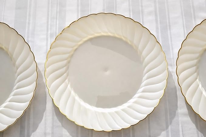 " OCCASIONS " 240 Plates Pack,(120 Guests) Vintage Wedding Party Disposable Plastic Plates Set -120 x 10.25'' Dinner + 120 x 7.5'' Salad/Dessert (Blossom Ivory/Gold)