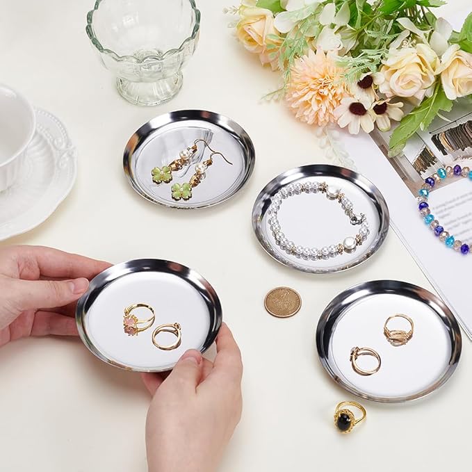 4 Pack 3.9 Inch Silver Round Tray Round Metal Serving Platter 410 Stainless Steel Small Soy Sauce Seasoning Storage Dishes Tools for Kitchen Cooking Sushi Dipping Appetizer Plates Jewelry