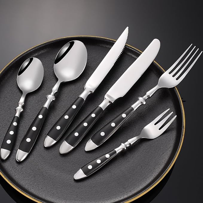 Rivet Handles Black Silverware Set Flatware Set for 14 Utensil Sets Forks Spoons And Knives Set Ergonomic Durable Polished Thanksgiving Christmas Essentials Family Gatherings Brand Packaging 84PCS