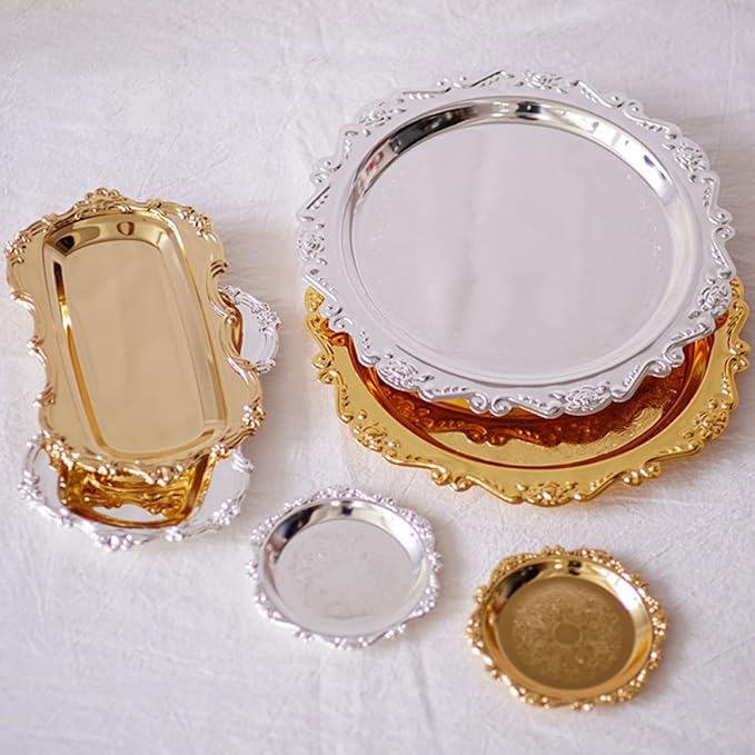 2 Pcs Stainless Steel Food Serving Trays Fruit Plates Dessert Platters Bread Trays Silver and Gold Metal Serving Dishes for Wedding Hotel Party