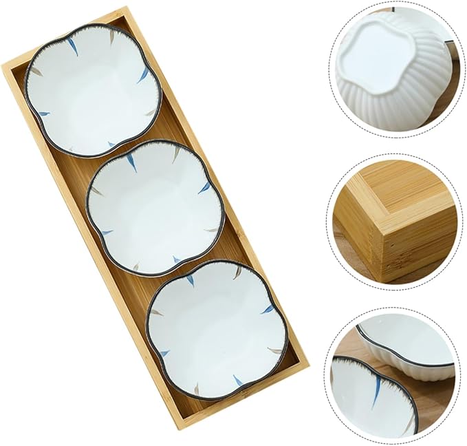1Set Japanese Style Snack Plate with Wooden Tray Ceramic Small Plates for Side Dishes Desserts Appetizers and Condiments Food-safe Material for Home and Restaurant Use
