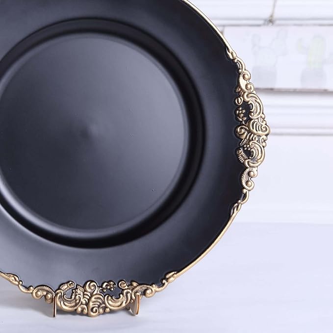 13" Charger Plates -Set of 24 - Acrylic Black Round Baroque Disposable Chargers Leaf Embossed Rim, Ideal for Dinner Party Wedding Bulk Events
