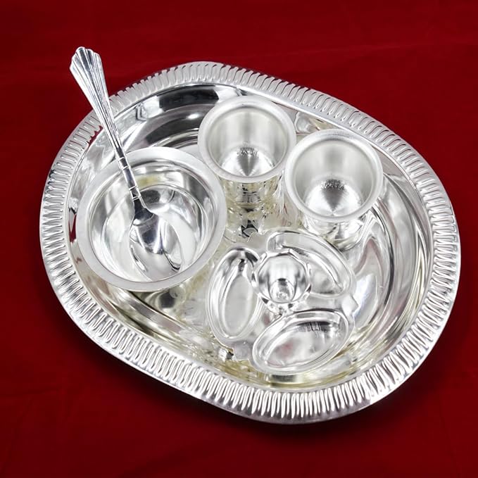 Silver Plated Oval Pooja Thali Set, Traditional Design, Decorative Serving Tray with Floral Pattern, Religious Worship