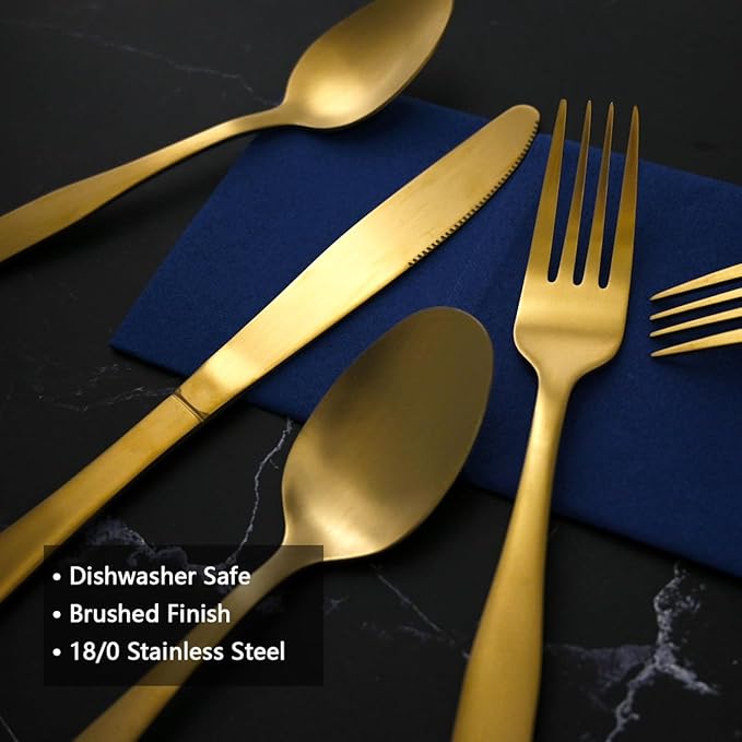 40-Piece Matte Gold Silverware Set for 8, 18/0 Brushed Finish Stainless Steel Utensils Set, Dishwasher Safe Modern Flatware Set for Daily Home Restaurant Party Event Serving For 8