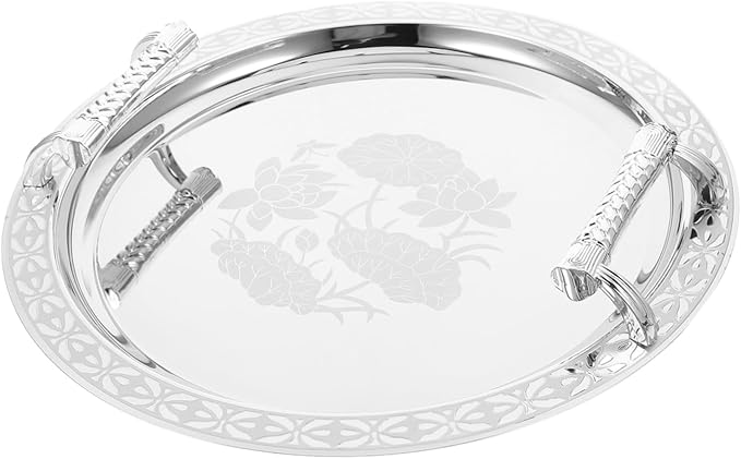 European Style Round Serving Tray Elegant Appetizer Dish for Fruits Desserts Snacks Silver Patterned Platter Multi Functional Decorative Storage Plate for Home