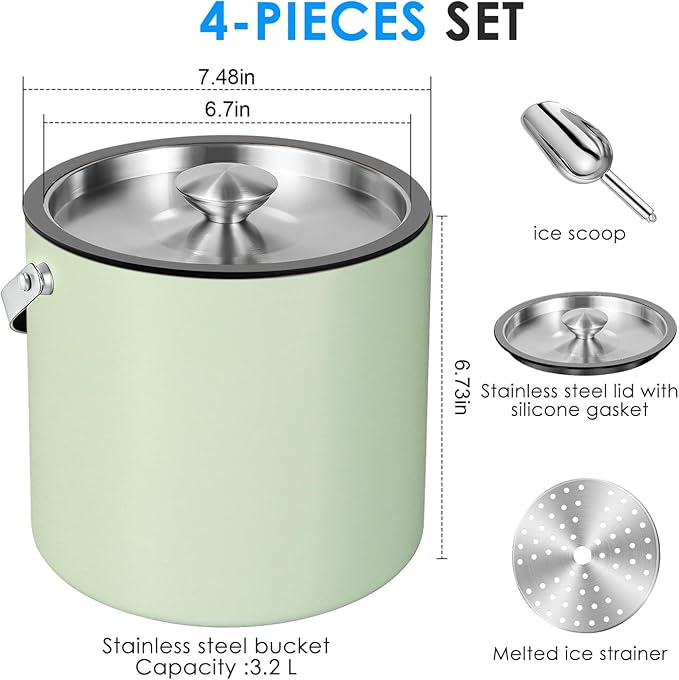 3.2L Insulated Ice Buckets for Parties, Elegant Double Wall Stainless Steel Champagne Buckets with Lid & Scoop,Ideal for Cocktail Bar, Chilling Wine, Champagne