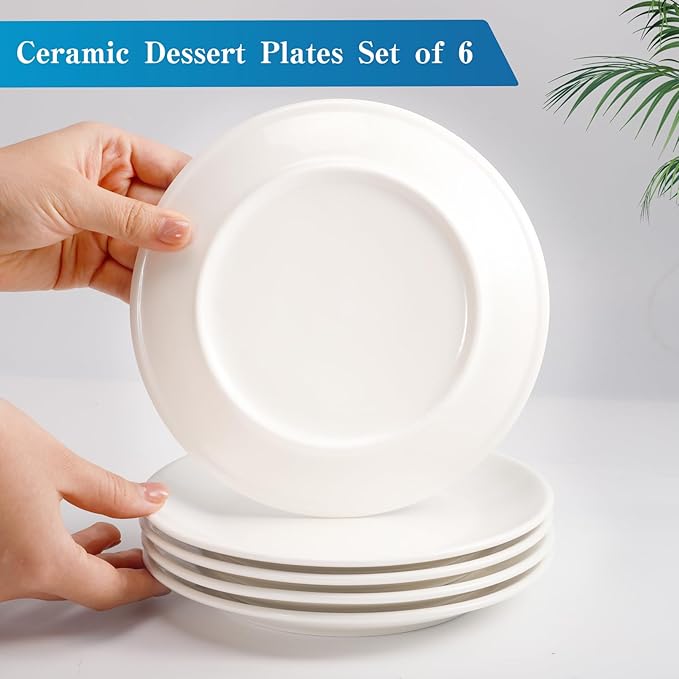 Ceramic Dessert Plates Set of 6,7 Inch White Appetizer Plates,Round Small Salad Plates Dinner Plates,Porcelain Dessert Plates for Snacks Cake,Microwave & Dishwasher Safe