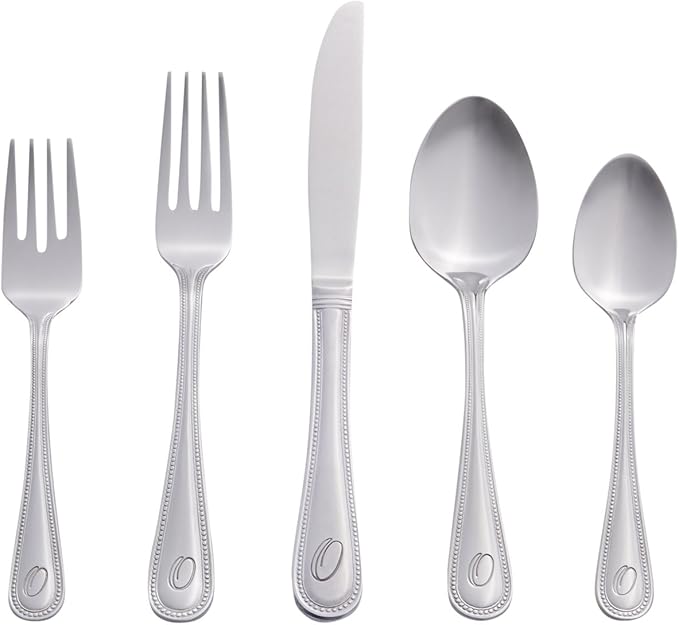 RiverRidge Monogrammed Beaded Flatware Set - O - 46-Piece Silverware with Custom Letter Stamp, 18/0 Stainless Steel Utensils Set for Daily Use & Special Occasions - Dishwasher Safe, Versatile Design