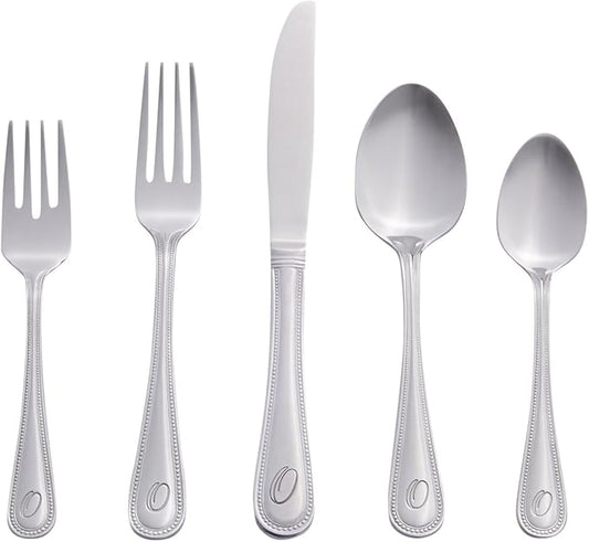 RiverRidge Monogrammed Beaded Flatware Set - O - 46-Piece Silverware with Custom Letter Stamp, 18/0 Stainless Steel Utensils Set for Daily Use & Special Occasions - Dishwasher Safe, Versatile Design