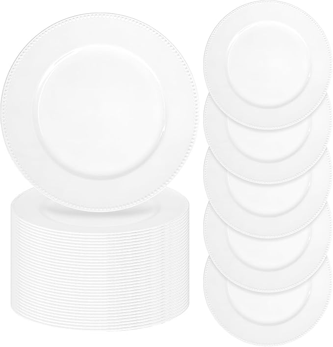 fani 50 Pcs White Charger Plates Bulk, 13'' Round Beaded Dinner Charger Plates, Plastic Reusable Vintage Table Decoration for Wedding, Party, Reception, Event, Holiday Supplies