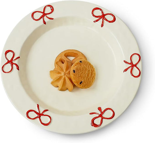 Koythin 8-inch Ceramic Dinner Plates with Bow Design, Microwave Safe - Modern Rustic Serving Dishes for Pasta, Salad, Dessert, Fruits & Appetizers (Red)