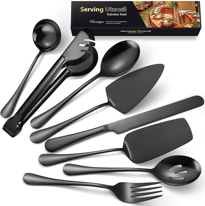 AARAINBOW Exquisite 8 Pieces Serving Utensils Set, Stainless Steel Serving Utensils Large Hostess Serving Set with Serving Spoons, Serving Tongs, Serving Fork, Cake Knife for Parties Buffet (8 Black)…