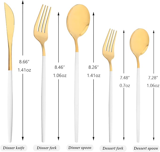 30-Piece Snplowum Mirror Flatware Serving Set, 18/0 Stainless Steel Dinnerware With White Handle, Modern Durable Home Kitchen Eating Tableware Set Service For 6 (White Gold)