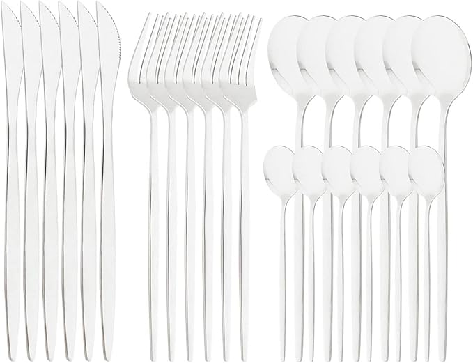 24-Piece Mirror Silver Polished Flatware, 18/0 Stainless Steel Dinnerware Set Include Knife Fork Spoon Teaspoon Cutlery Set For Home Restaurant and Party Service For 6, Dishwasher Safe