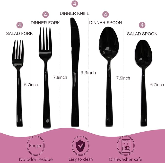20-Piece Black Silverware Set, Stainless Steel Cutlery Set, Handle Flatware Set, Modern Mirror| Dishwasher Safe| Service for 4