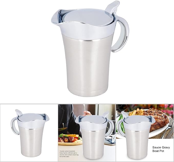 Gravy Boat with Lid, Double Wall 304 Stainless Steel Thermal Gravy Pot Serving Jug (750ml)