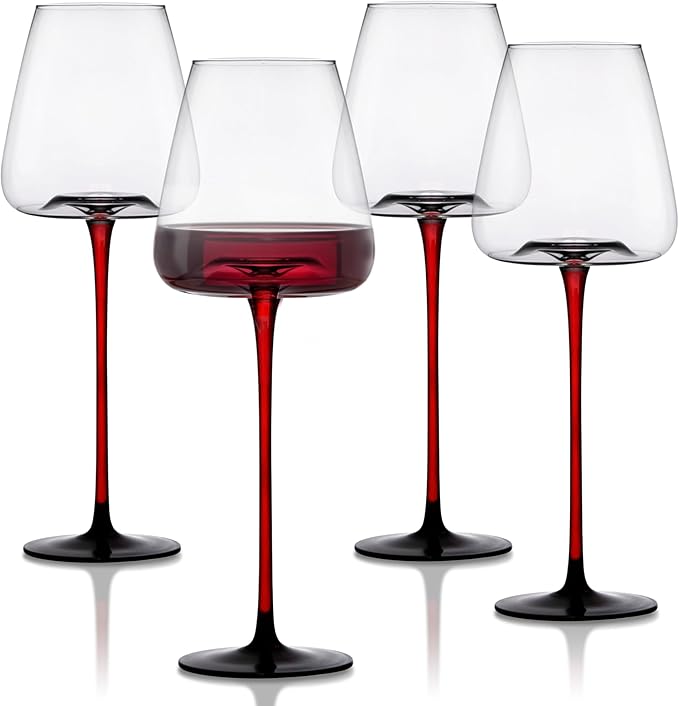 LEMONSODA Concave Champagne & Wine Glasses - Modern Red Stem & Black Bottom for Sparkling Wine, Rosé, Prosecco, Champagne – Handcrafted Barware, Perfect for gift (20oz, Set of 4)