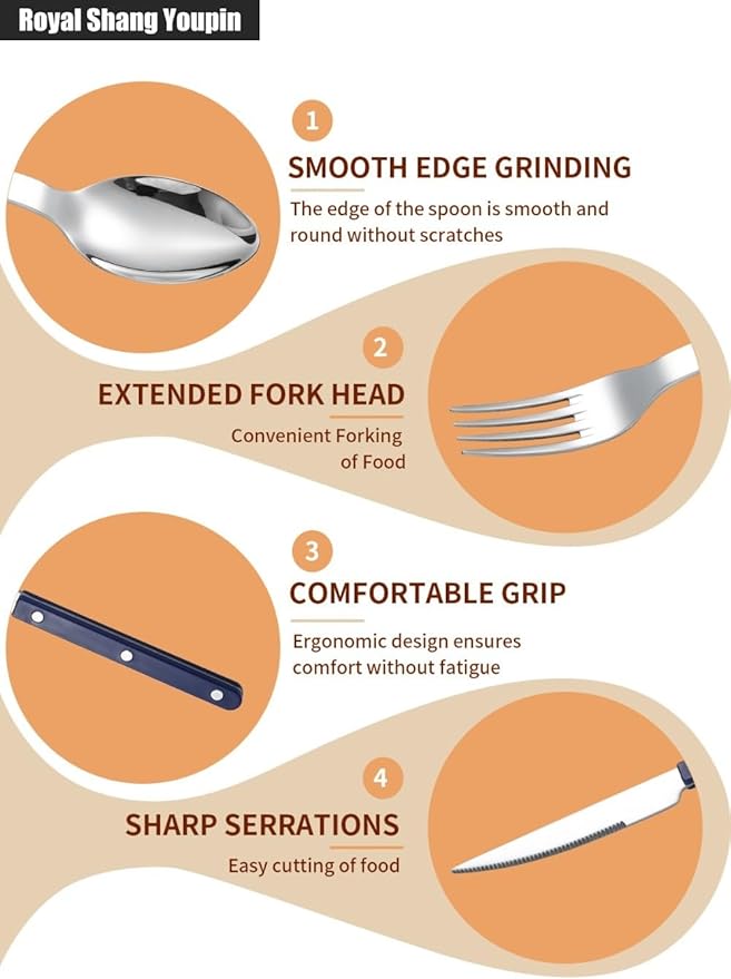 Rivet ABS Clamp Handle Kitchen Stainless Steel Silverware Tableware Flatware Cutlery Set Steak Knife Fork Spoon Teaspoon Western Tableware Butter Knife Set (Blue,16 pieces)
