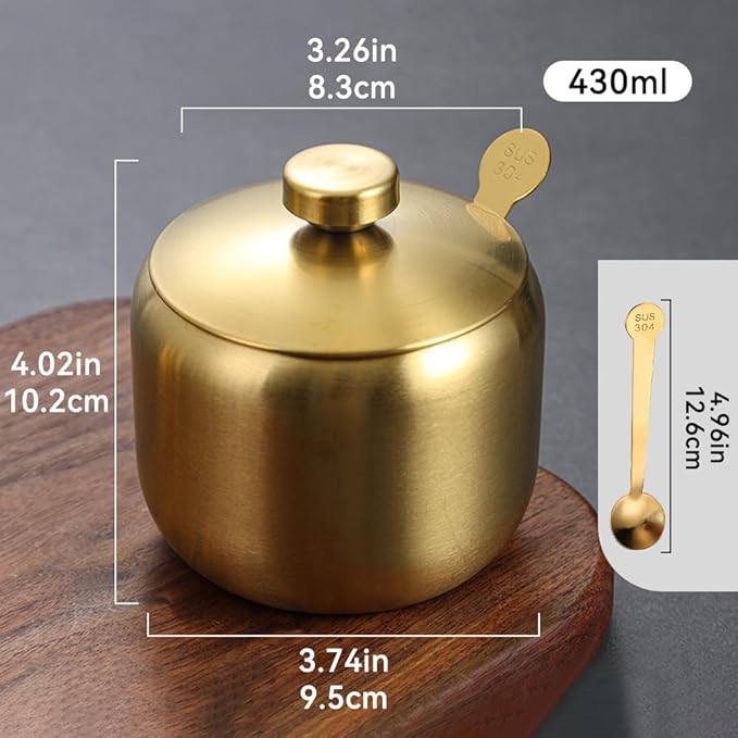 304 Stainless Steel Sugar Bowl with Lid and Spoon Salt Pepper Spices Bowl Spice Jar Seasoning Pot Condiment Container for Home Kitchen 14.5oz/430ml (Gold 1, 1PCS)
