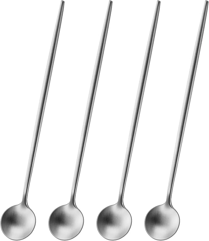 7.95 Inches SS18/10 Long Handle Iced Tea Spoons,Set Of 4 Satin Finishing Stainless Steel Long Spoons For Stirring Cocktail,Ice Cream,Milk,Iced Teaspoons Set