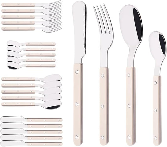 Beige Handle Silverware Set, Uniturcky 24-Piece Stainless Steel Flatware Set for 6, Tableware Eating Utensils for Daily Use and Party, Camping Cutlery Set with Color Handle